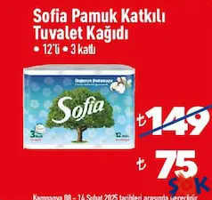SOFİA PAMUK KATKILI 3 KATLI TUVALET KAĞIDI 12'Lİ